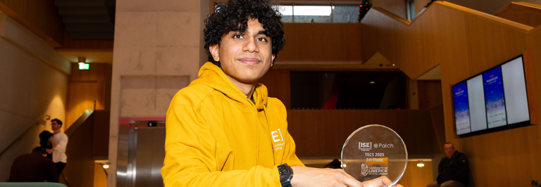 Arjun Gambhir with his TECS 2025 award in the University of Limerick's student life centre